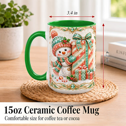 #pl[15oz|Green] Gem Snowman Present Coffee Mug, Christmas Snowman Mug, Ceramic Cup