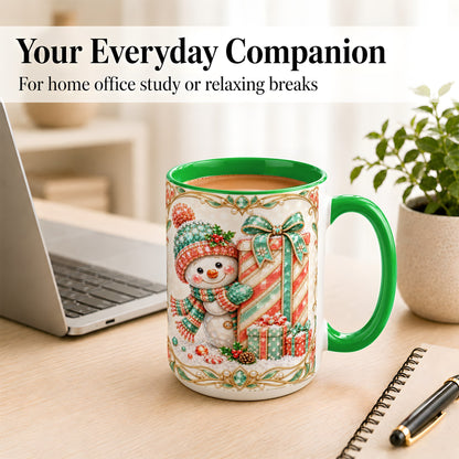 #pl[15oz|Green] Gem Snowman Present Coffee Mug, Christmas Snowman Mug, Ceramic Cup