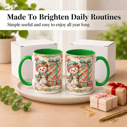 #pl[15oz|Green] Gem Snowman Present Coffee Mug, Christmas Snowman Mug, Ceramic Cup