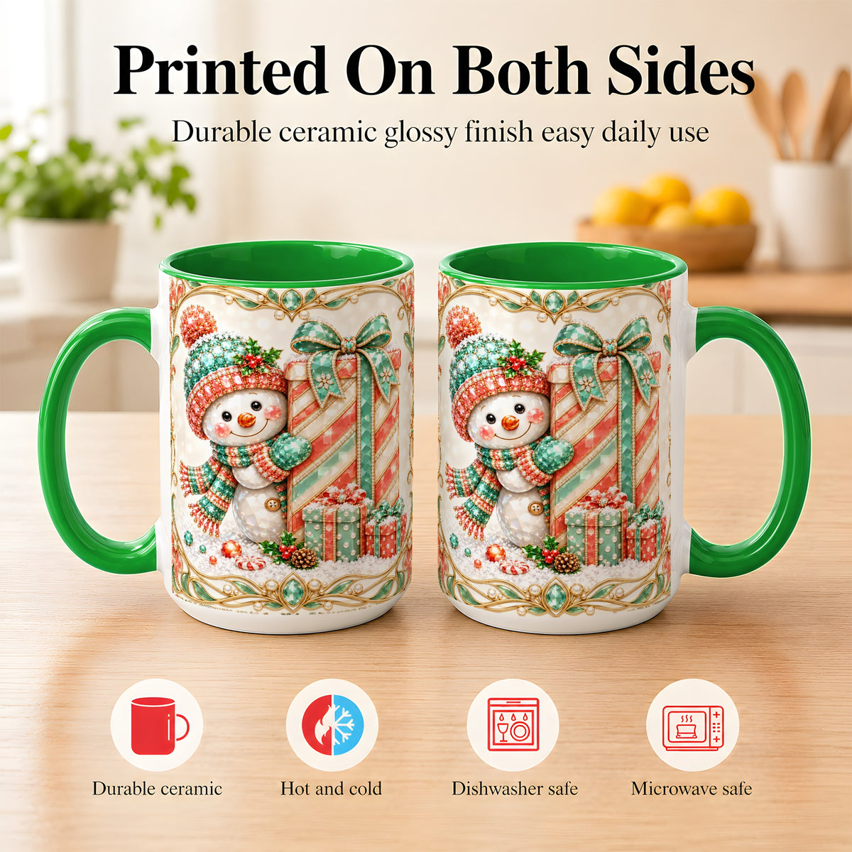 #pl[15oz|Green] Gem Snowman Present Coffee Mug, Christmas Snowman Mug, Ceramic Cup