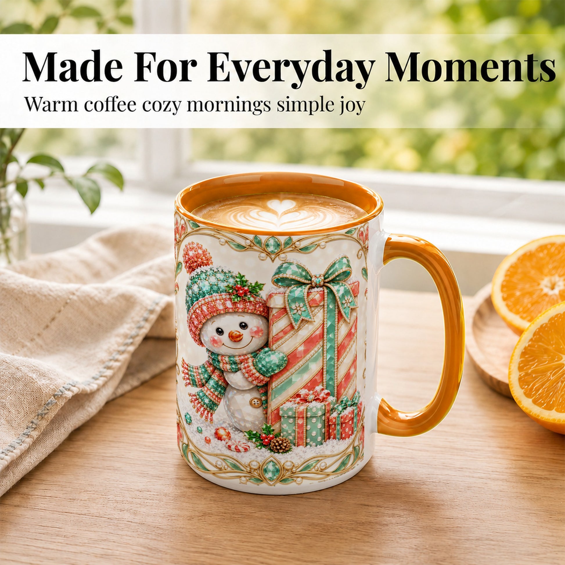 #pl[15oz|Orange] Gem Snowman Present Coffee Mug, Christmas Snowman Mug, Ceramic Cup