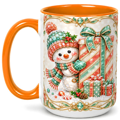 #pl[15oz|Orange] Gem Snowman Present Coffee Mug, Christmas Snowman Mug, Ceramic Cup