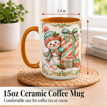 #pl[15oz|Orange] Gem Snowman Present Coffee Mug, Christmas Snowman Mug, Ceramic Cup