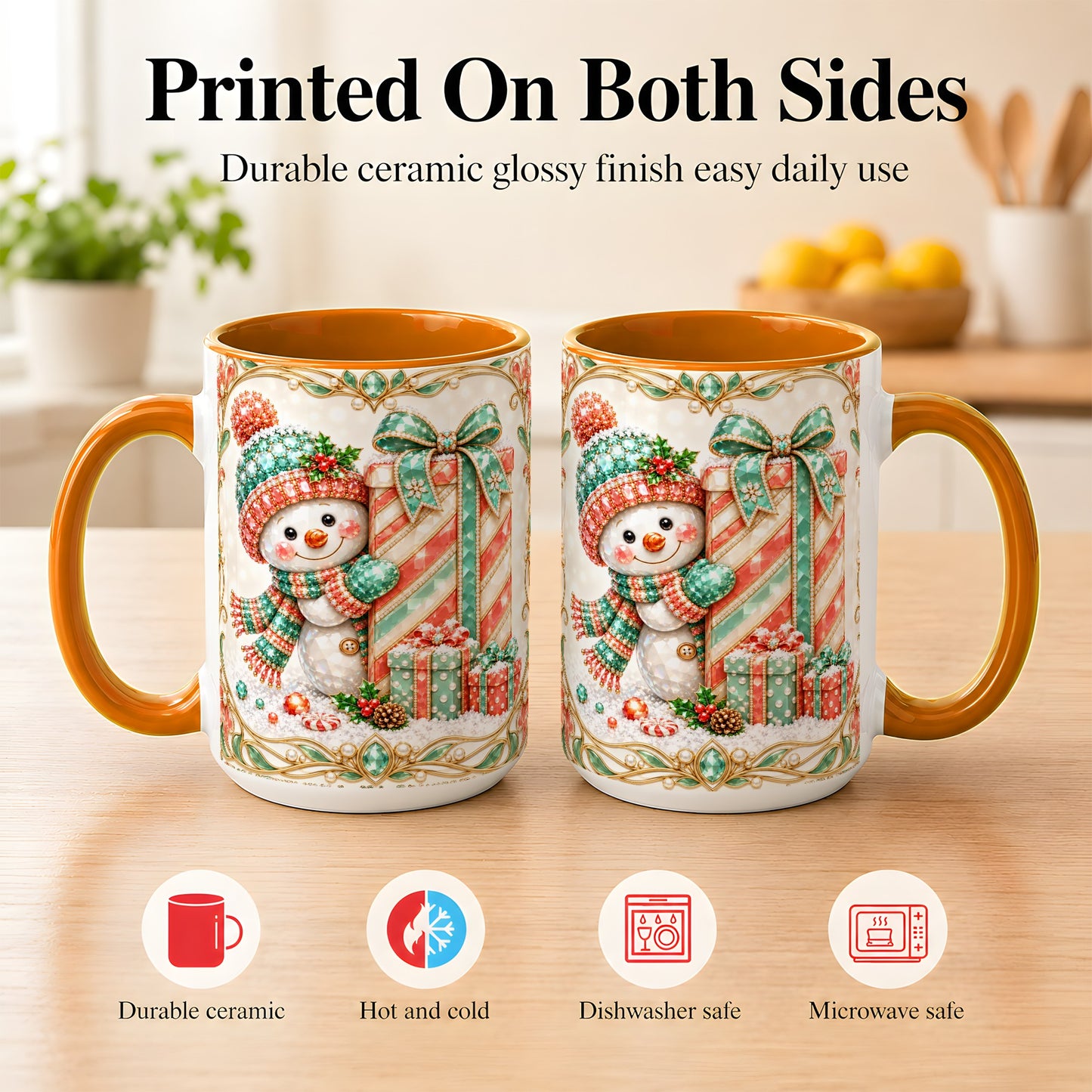#pl[15oz|Orange] Gem Snowman Present Coffee Mug, Christmas Snowman Mug, Ceramic Cup