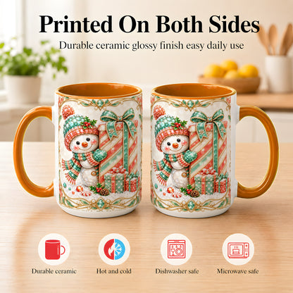 #pl[15oz|Orange] Gem Snowman Present Coffee Mug, Christmas Snowman Mug, Ceramic Cup