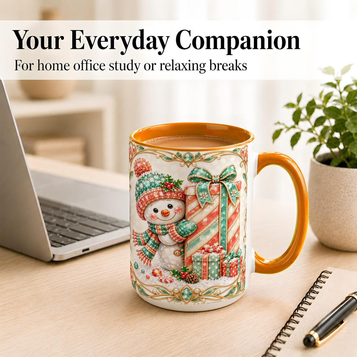 #pl[15oz|Orange] Gem Snowman Present Coffee Mug, Christmas Snowman Mug, Ceramic Cup