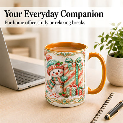 #pl[15oz|Orange] Gem Snowman Present Coffee Mug, Christmas Snowman Mug, Ceramic Cup