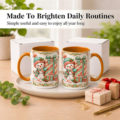 #pl[15oz|Orange] Gem Snowman Present Coffee Mug, Christmas Snowman Mug, Ceramic Cup