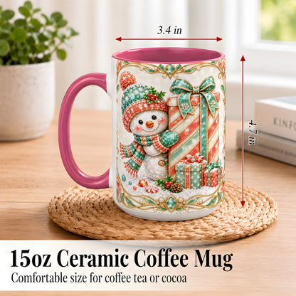 #pl[15oz|Pink] Gem Snowman Present Coffee Mug, Christmas Snowman Mug, Ceramic Cup