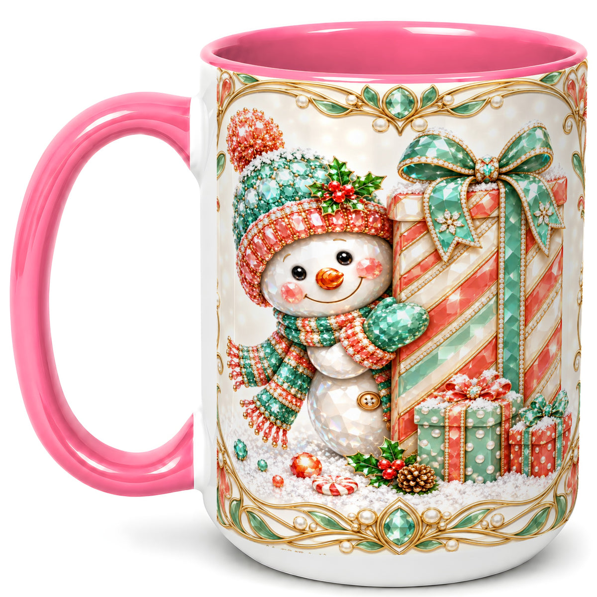 #pl[15oz|Pink] Gem Snowman Present Coffee Mug, Christmas Snowman Mug, Ceramic Cup