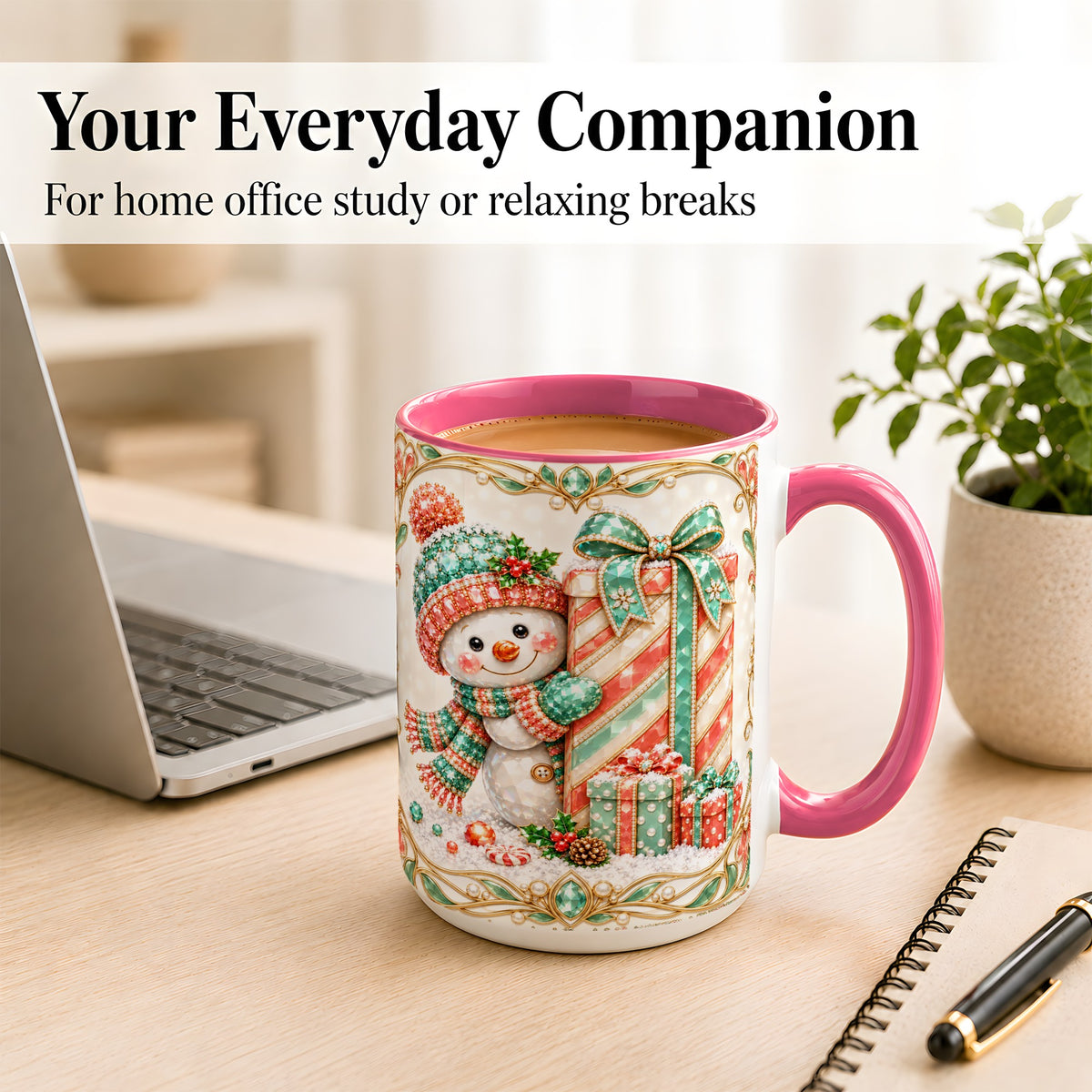 #pl[15oz|Pink] Gem Snowman Present Coffee Mug, Christmas Snowman Mug, Ceramic Cup