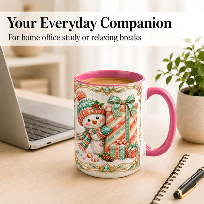 #pl[15oz|Pink] Gem Snowman Present Coffee Mug, Christmas Snowman Mug, Ceramic Cup