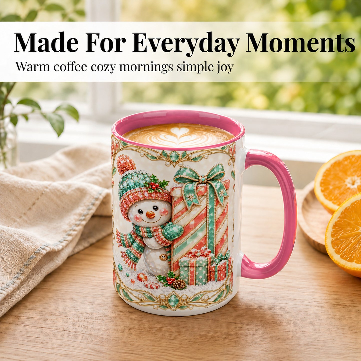 #pl[15oz|Pink] Gem Snowman Present Coffee Mug, Christmas Snowman Mug, Ceramic Cup