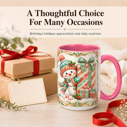 #pl[15oz|Pink] Gem Snowman Present Coffee Mug, Christmas Snowman Mug, Ceramic Cup