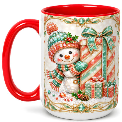#pl[15oz|Red] Gem Snowman Present Coffee Mug, Christmas Snowman Mug, Ceramic Cup