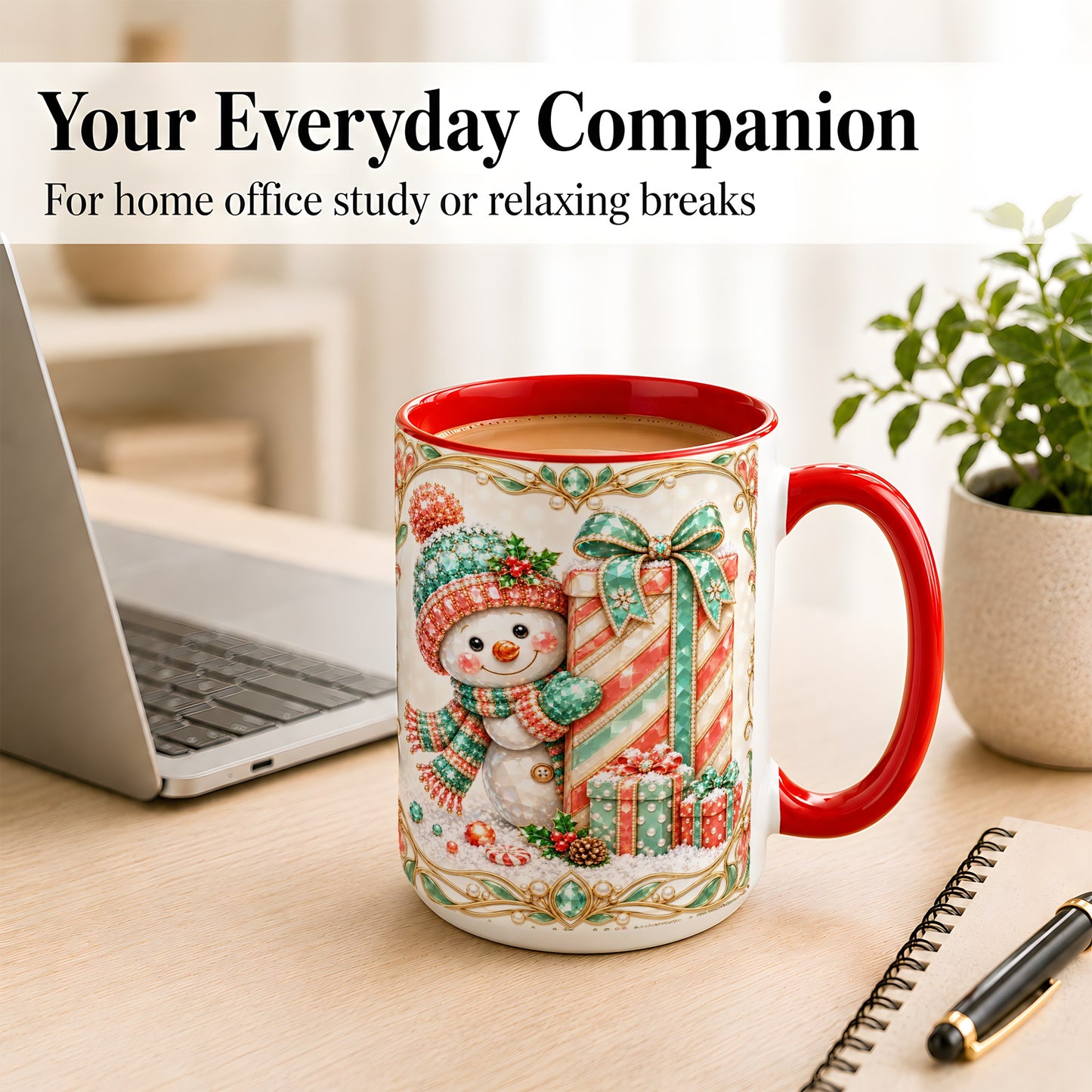 #pl[15oz|Red] Gem Snowman Present Coffee Mug, Christmas Snowman Mug, Ceramic Cup