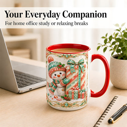 #pl[15oz|Red] Gem Snowman Present Coffee Mug, Christmas Snowman Mug, Ceramic Cup