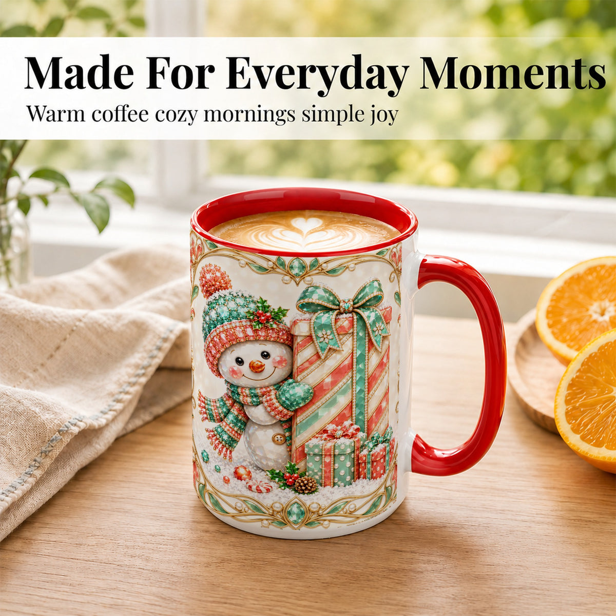 #pl[15oz|Red] Gem Snowman Present Coffee Mug, Christmas Snowman Mug, Ceramic Cup