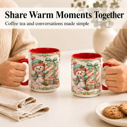 #pl[15oz|Red] Gem Snowman Present Coffee Mug, Christmas Snowman Mug, Ceramic Cup