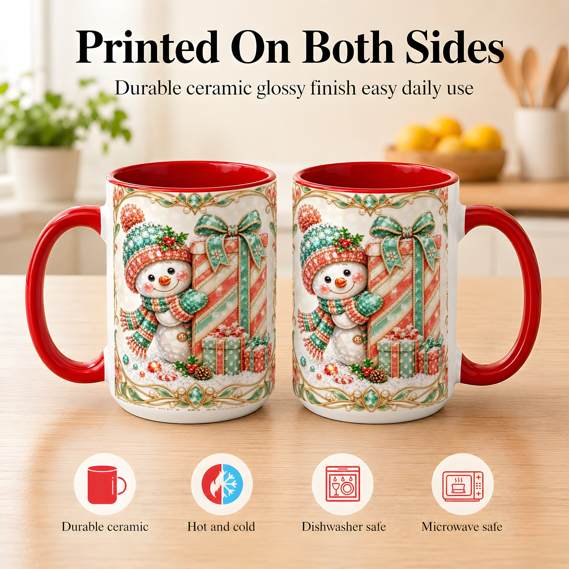 #pl[15oz|Red] Gem Snowman Present Coffee Mug, Christmas Snowman Mug, Ceramic Cup