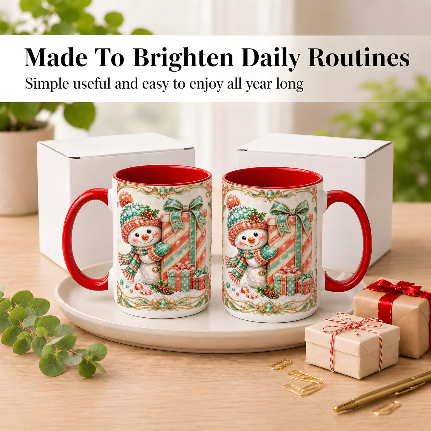 #pl[15oz|Red] Gem Snowman Present Coffee Mug, Christmas Snowman Mug, Ceramic Cup