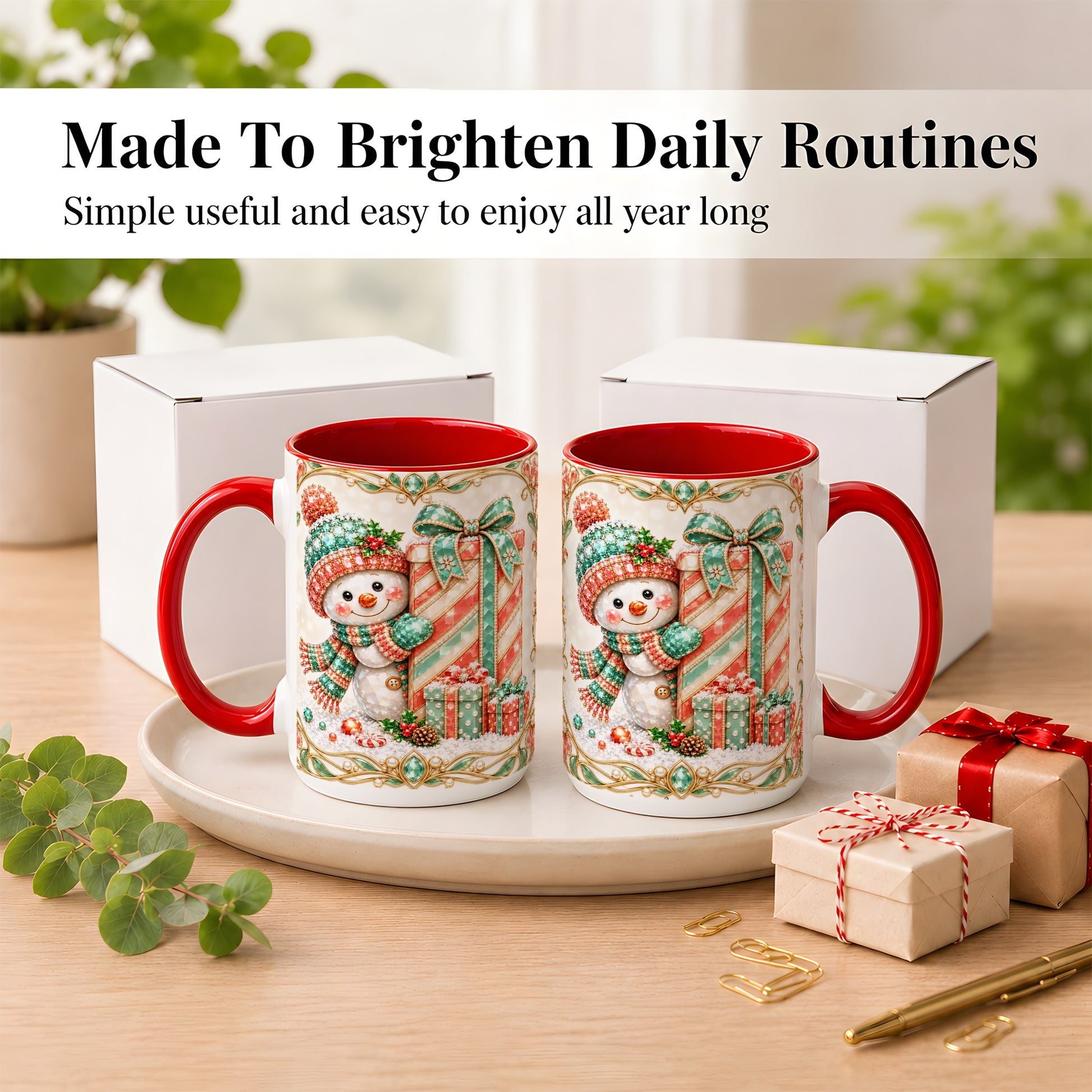 #pl[15oz|Red] Gem Snowman Present Coffee Mug, Christmas Snowman Mug, Ceramic Cup