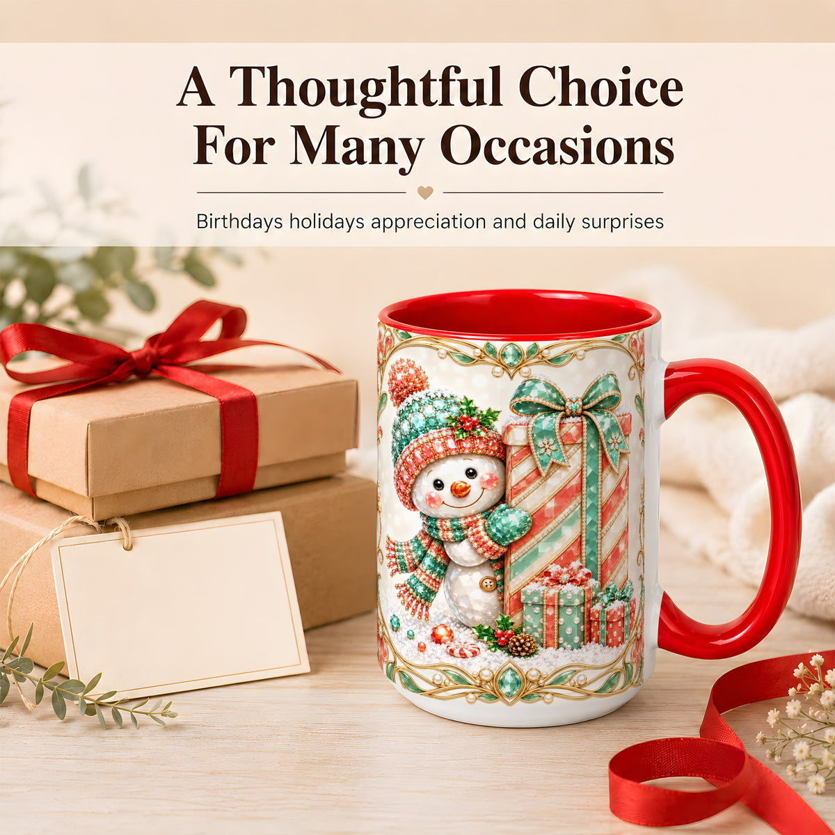 #pl[15oz|Red] Gem Snowman Present Coffee Mug, Christmas Snowman Mug, Ceramic Cup