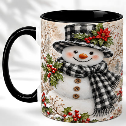 #pl[11oz|Black] Plaid Snowman Coffee Mug, Farmhouse Christmas Mug, Ceramic Cup