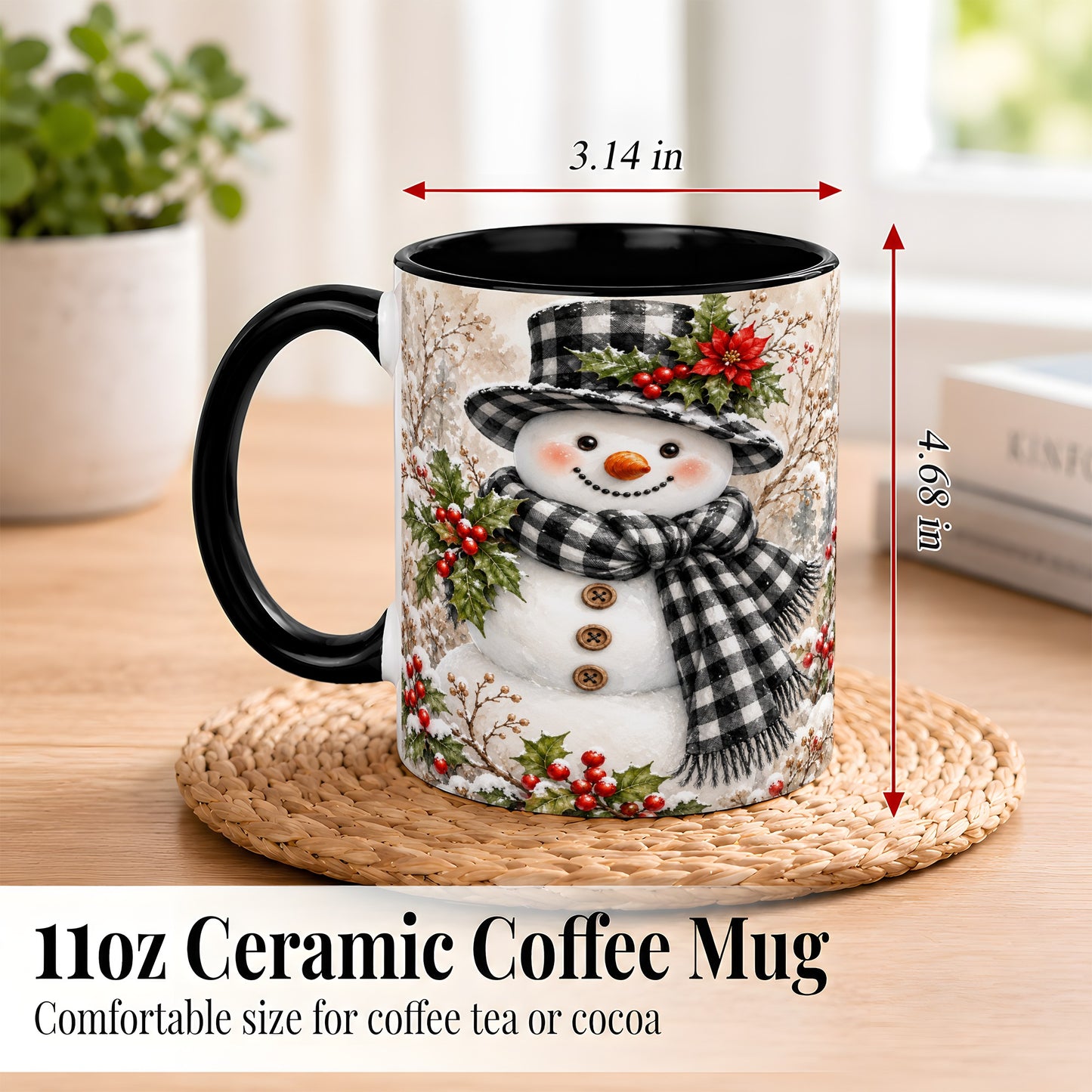 #pl[11oz|Black] Plaid Snowman Coffee Mug, Farmhouse Christmas Mug, Ceramic Cup