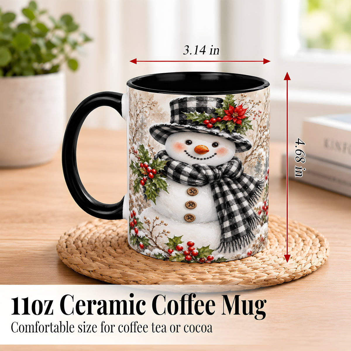 #pl[11oz|Black] Plaid Snowman Coffee Mug, Farmhouse Christmas Mug, Ceramic Cup