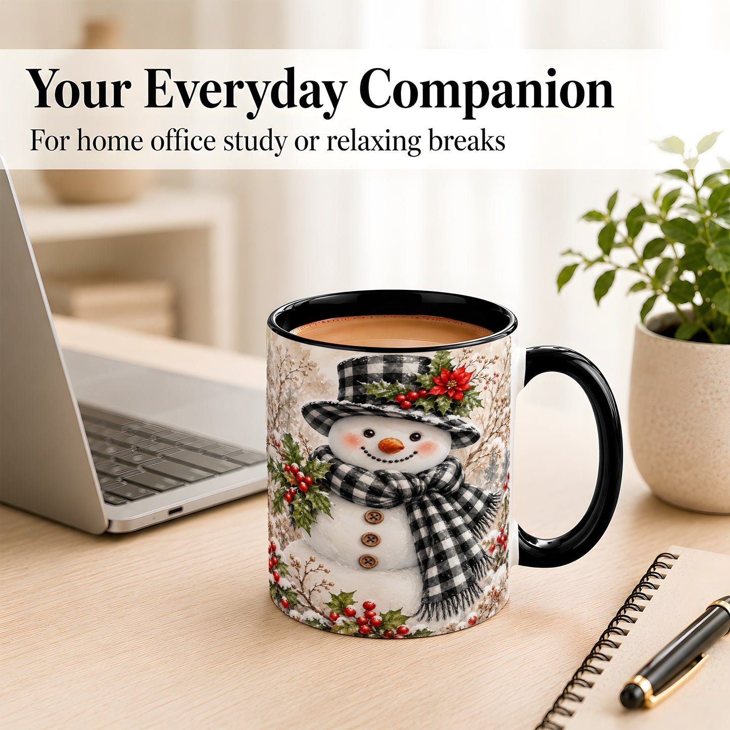 #pl[11oz|Black] Plaid Snowman Coffee Mug, Farmhouse Christmas Mug, Ceramic Cup