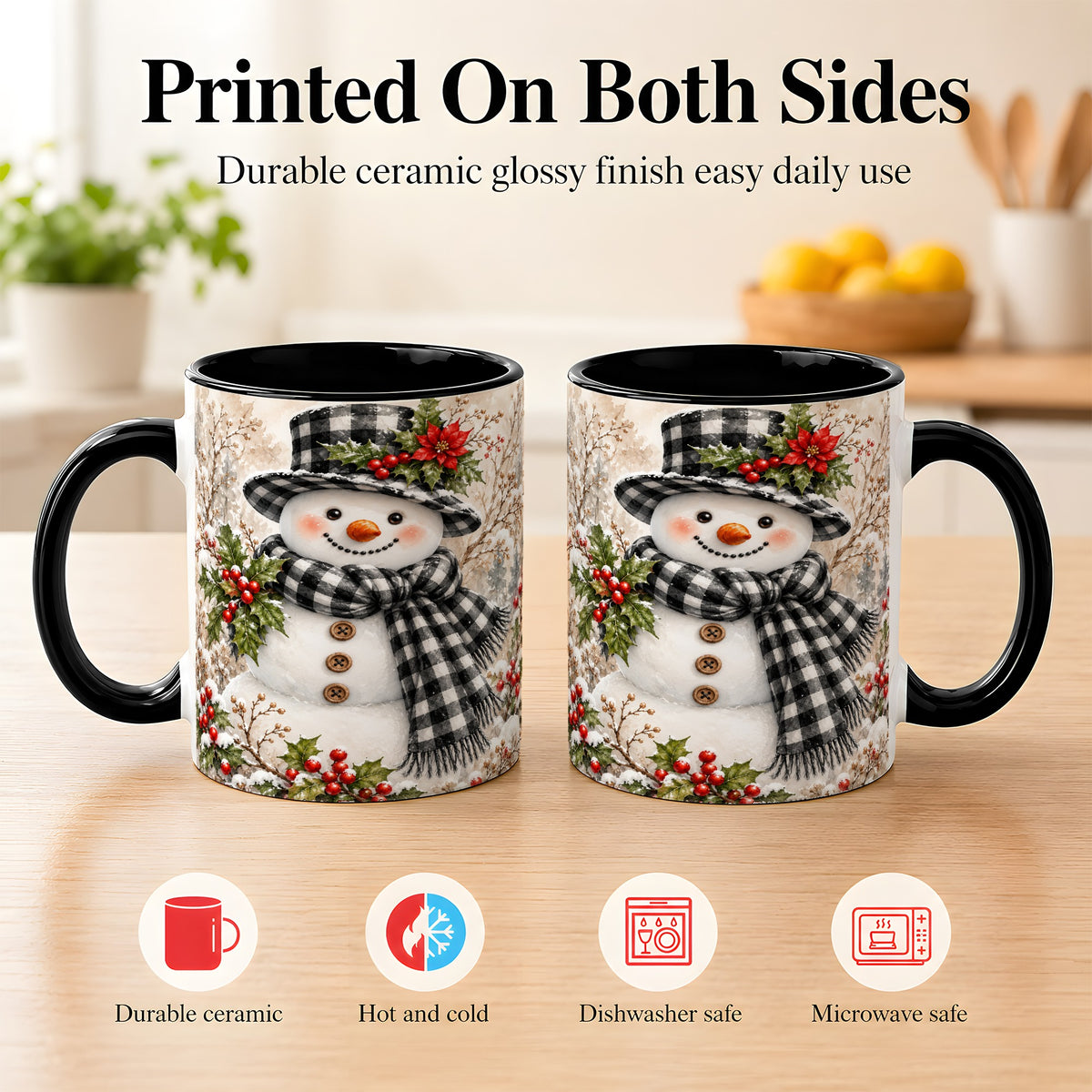 #pl[11oz|Black] Plaid Snowman Coffee Mug, Farmhouse Christmas Mug, Ceramic Cup