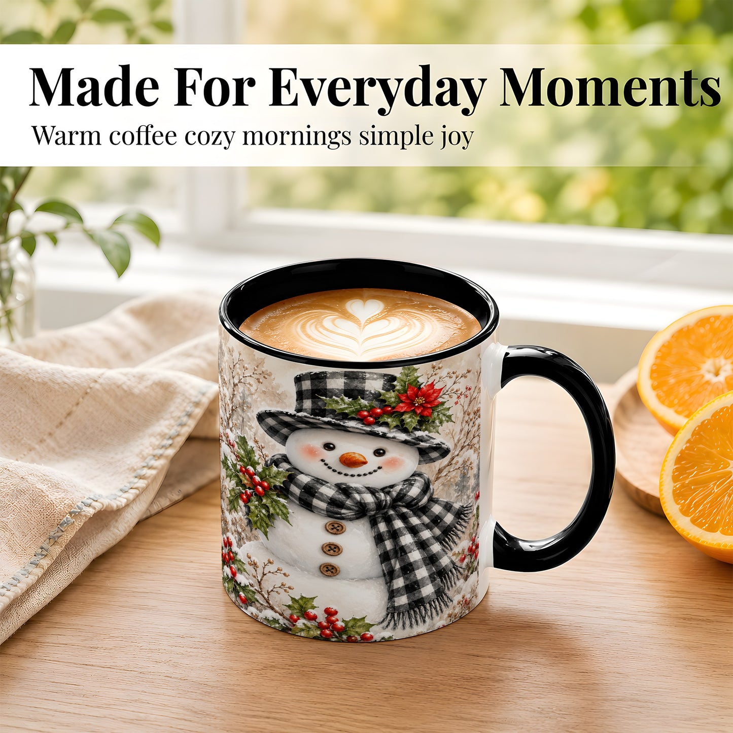 #pl[11oz|Black] Plaid Snowman Coffee Mug, Farmhouse Christmas Mug, Ceramic Cup