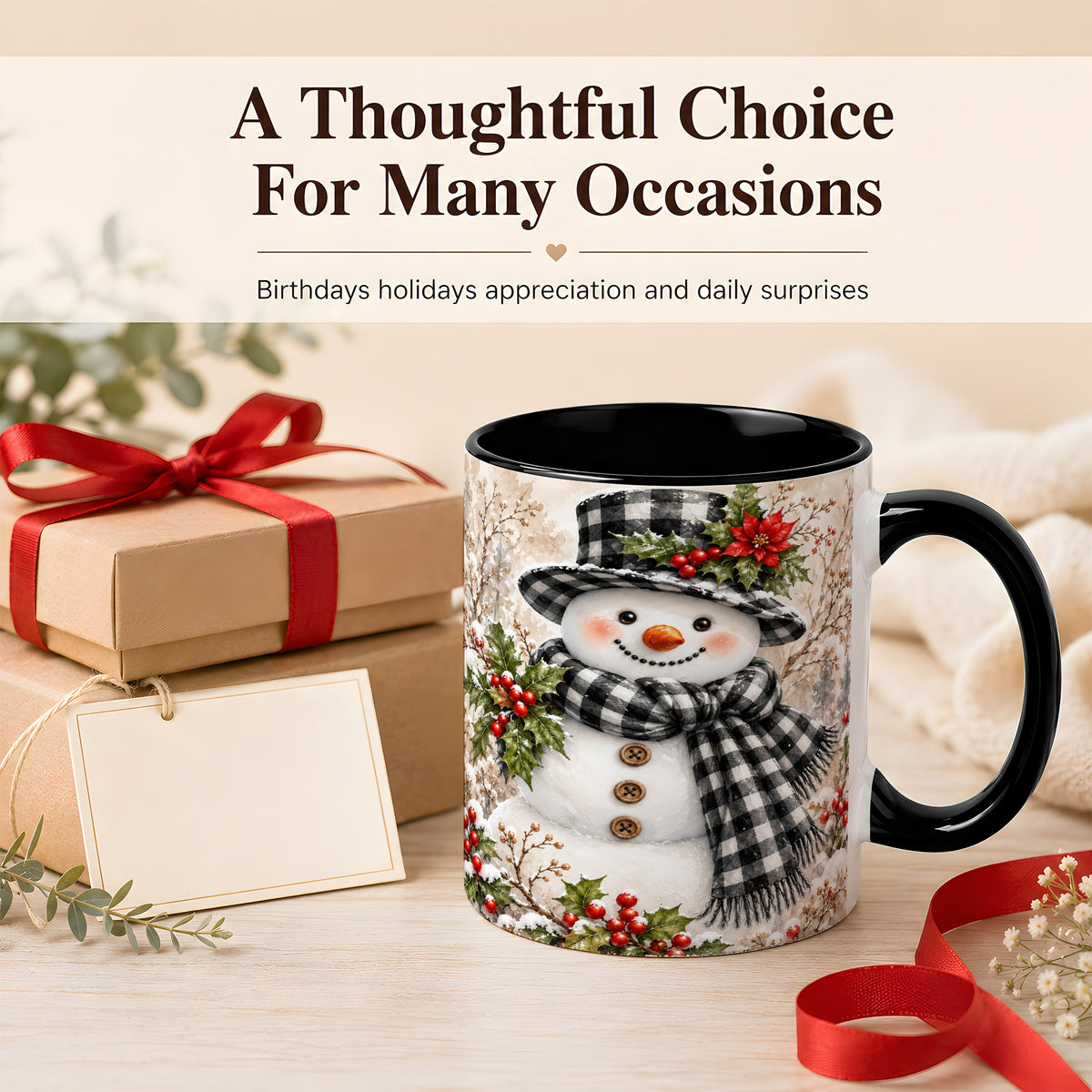 #pl[11oz|Black] Plaid Snowman Coffee Mug, Farmhouse Christmas Mug, Ceramic Cup