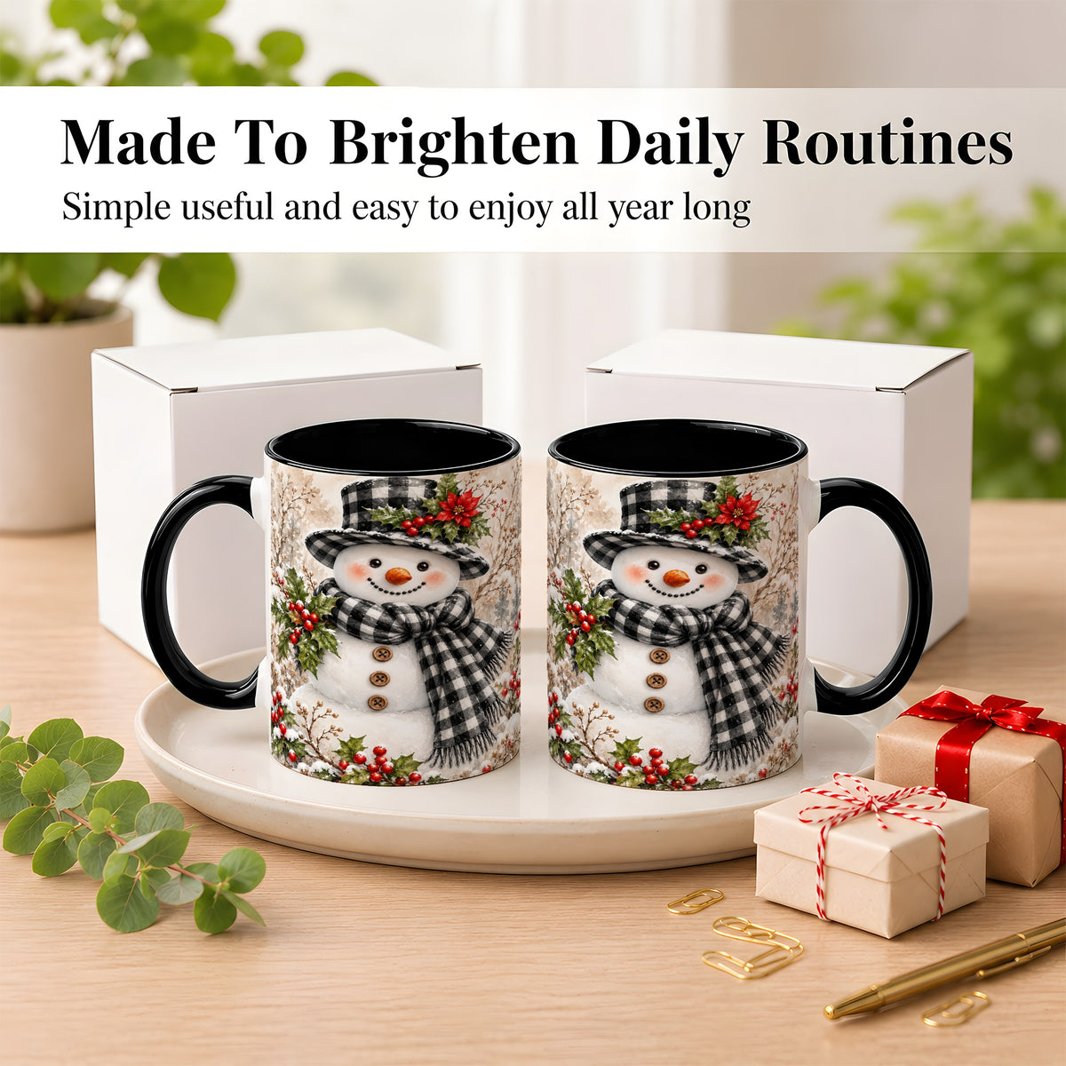 #pl[11oz|Black] Plaid Snowman Coffee Mug, Farmhouse Christmas Mug, Ceramic Cup