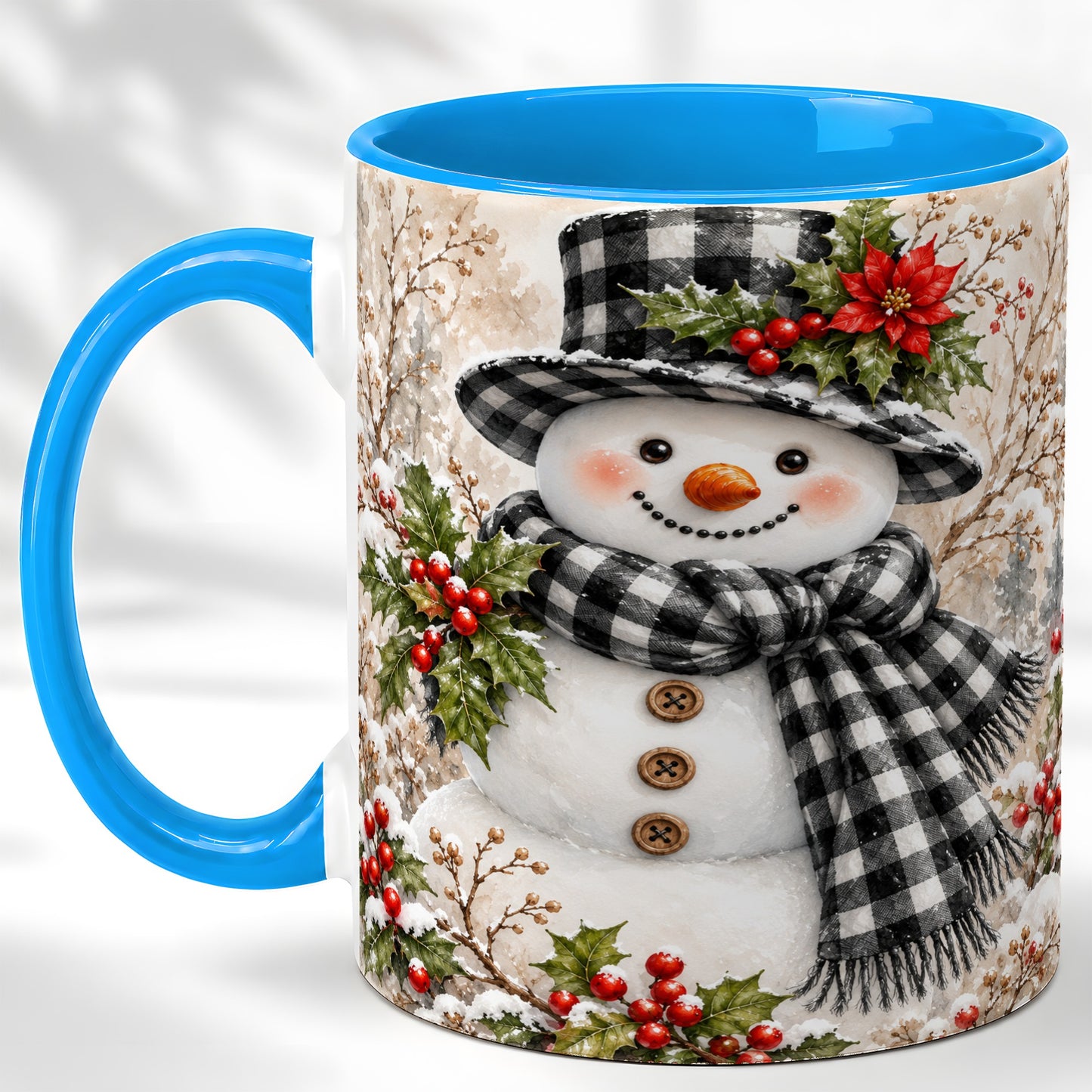 #pl[11oz|Blue] Plaid Snowman Coffee Mug, Farmhouse Christmas Mug, Ceramic Cup