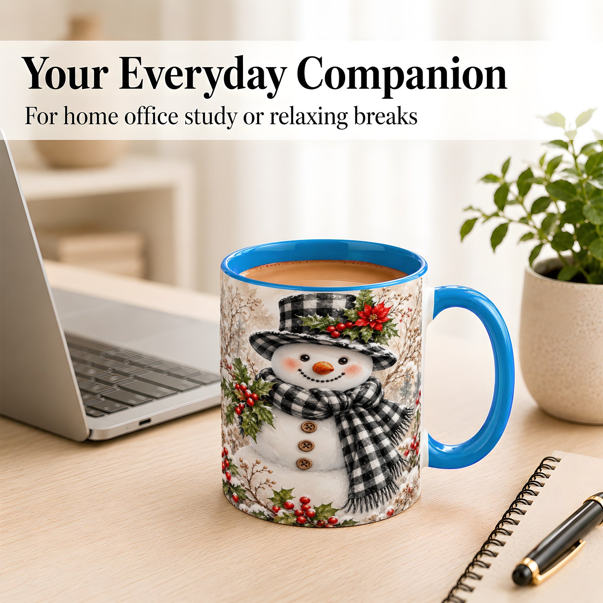 #pl[11oz|Blue] Plaid Snowman Coffee Mug, Farmhouse Christmas Mug, Ceramic Cup