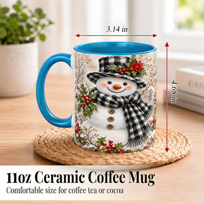 #pl[11oz|Blue] Plaid Snowman Coffee Mug, Farmhouse Christmas Mug, Ceramic Cup