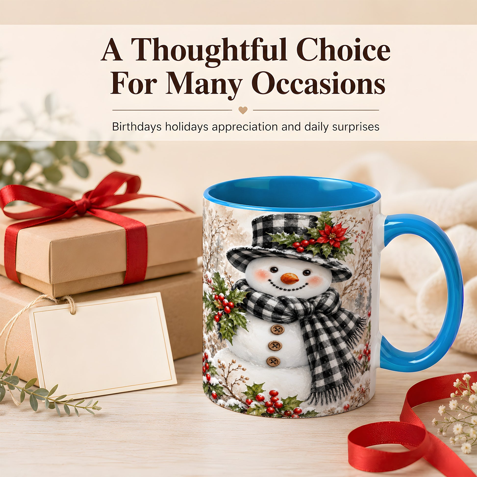 #pl[11oz|Blue] Plaid Snowman Coffee Mug, Farmhouse Christmas Mug, Ceramic Cup