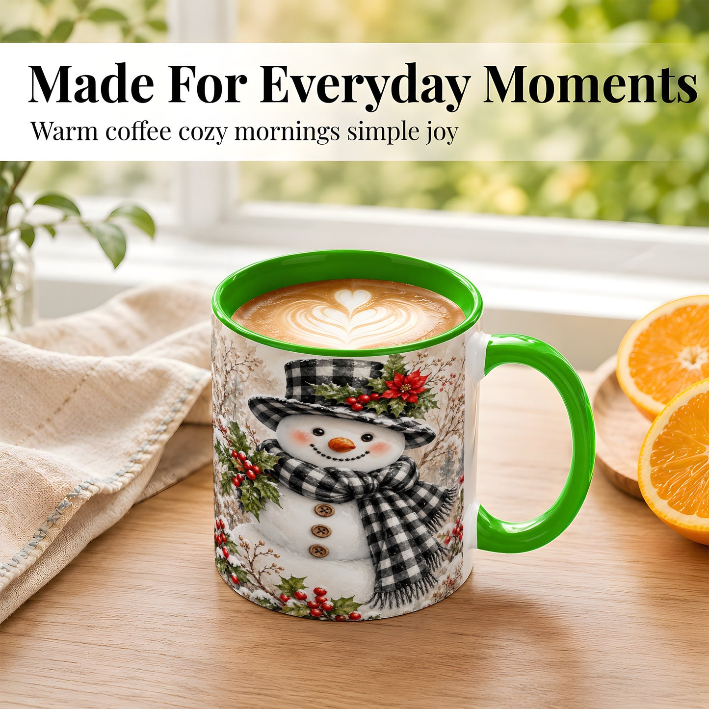 #pl[11oz|Green] Plaid Snowman Coffee Mug, Farmhouse Christmas Mug, Ceramic Cup