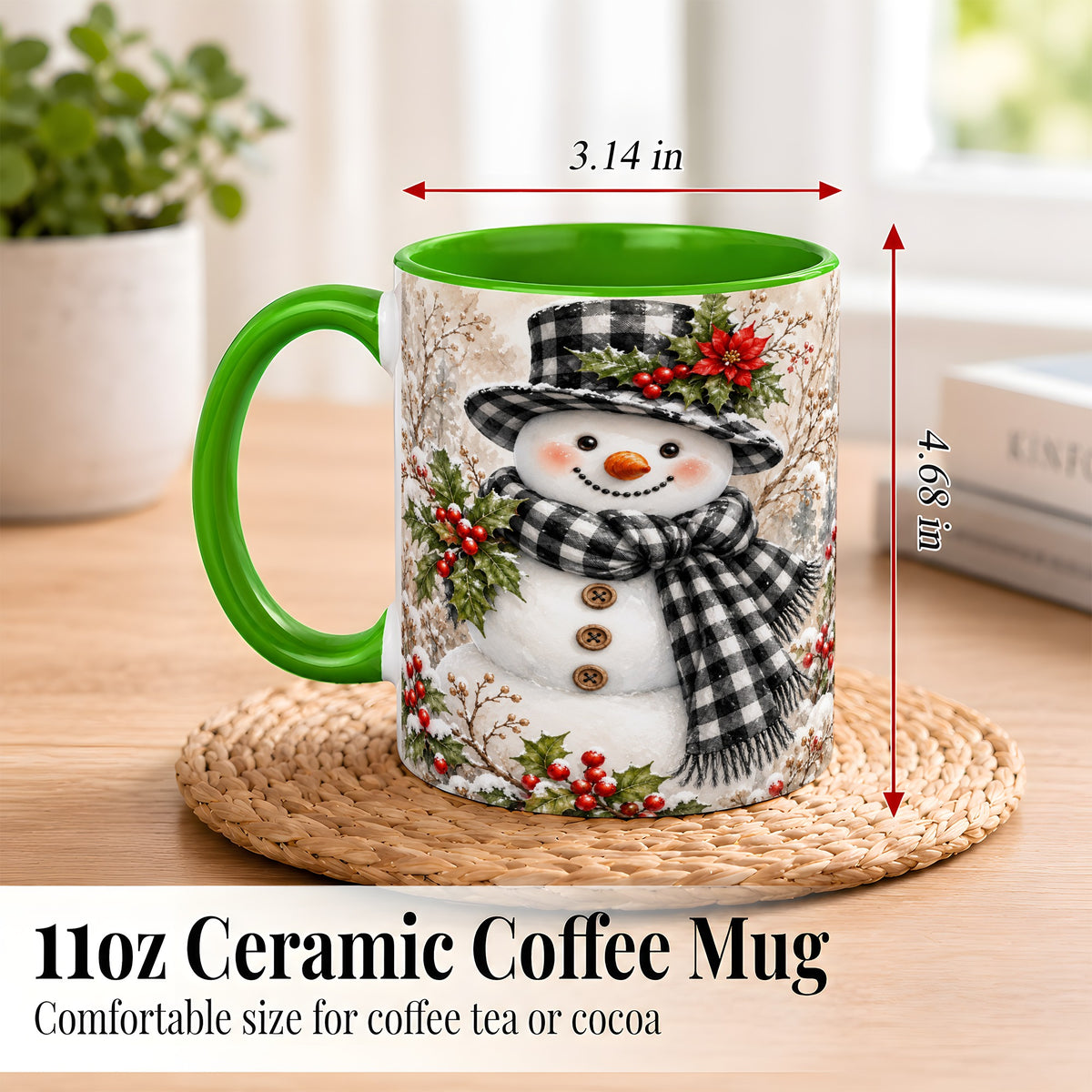 #pl[11oz|Green] Plaid Snowman Coffee Mug, Farmhouse Christmas Mug, Ceramic Cup