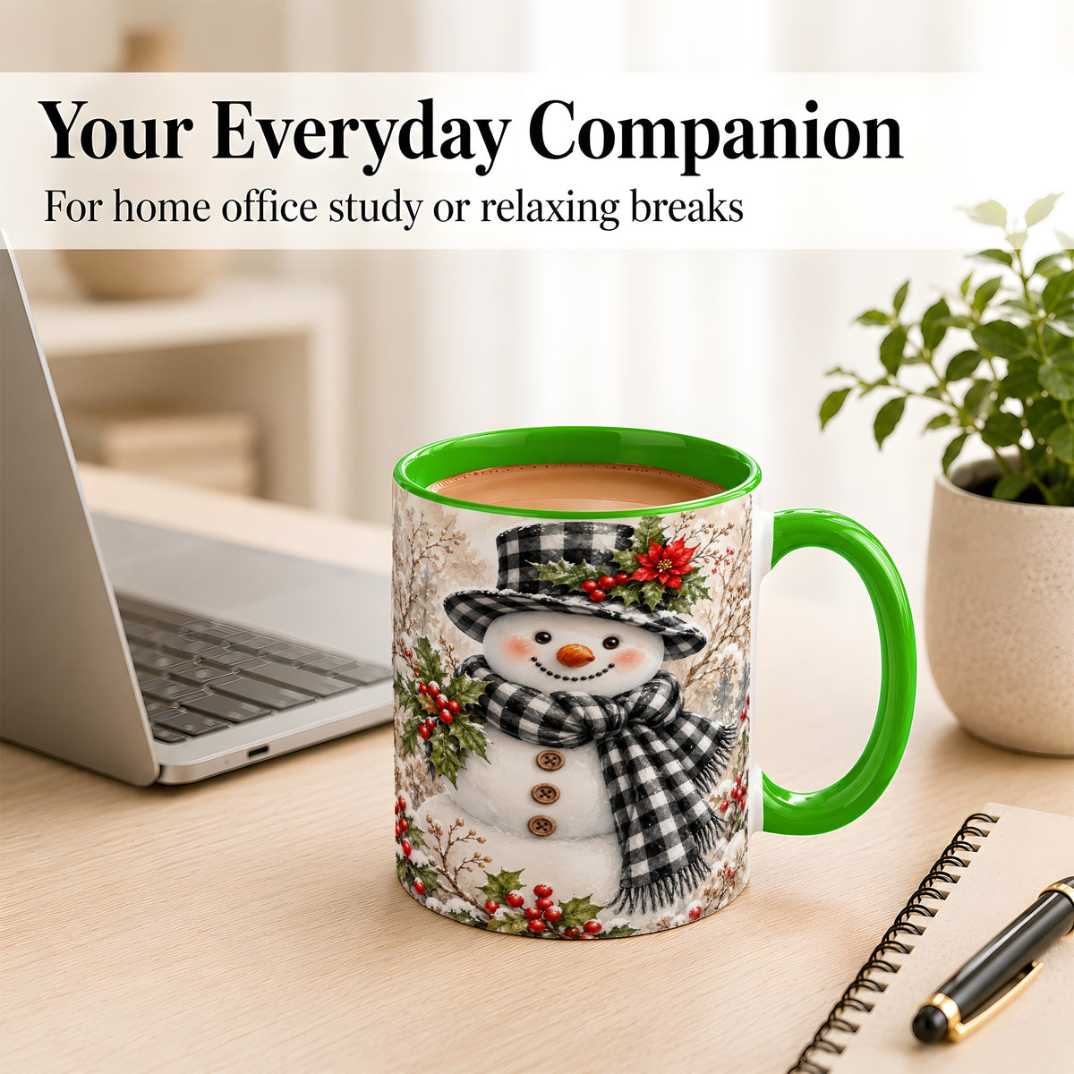 #pl[11oz|Green] Plaid Snowman Coffee Mug, Farmhouse Christmas Mug, Ceramic Cup