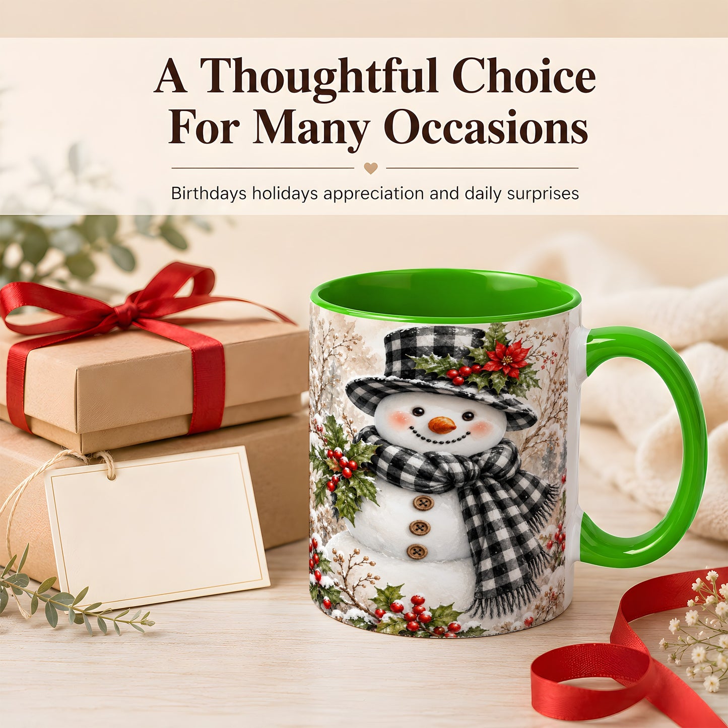 #pl[11oz|Green] Plaid Snowman Coffee Mug, Farmhouse Christmas Mug, Ceramic Cup
