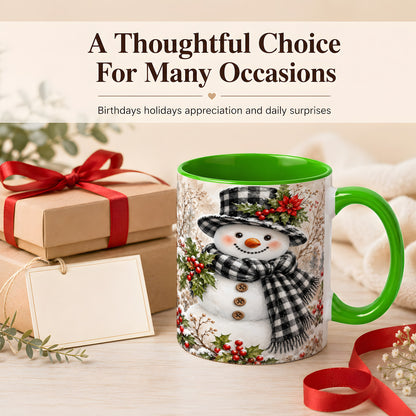 #pl[11oz|Green] Plaid Snowman Coffee Mug, Farmhouse Christmas Mug, Ceramic Cup