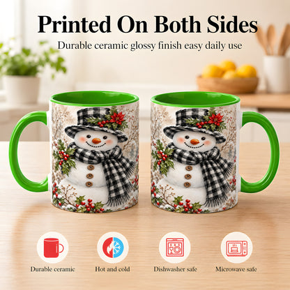 #pl[11oz|Green] Plaid Snowman Coffee Mug, Farmhouse Christmas Mug, Ceramic Cup