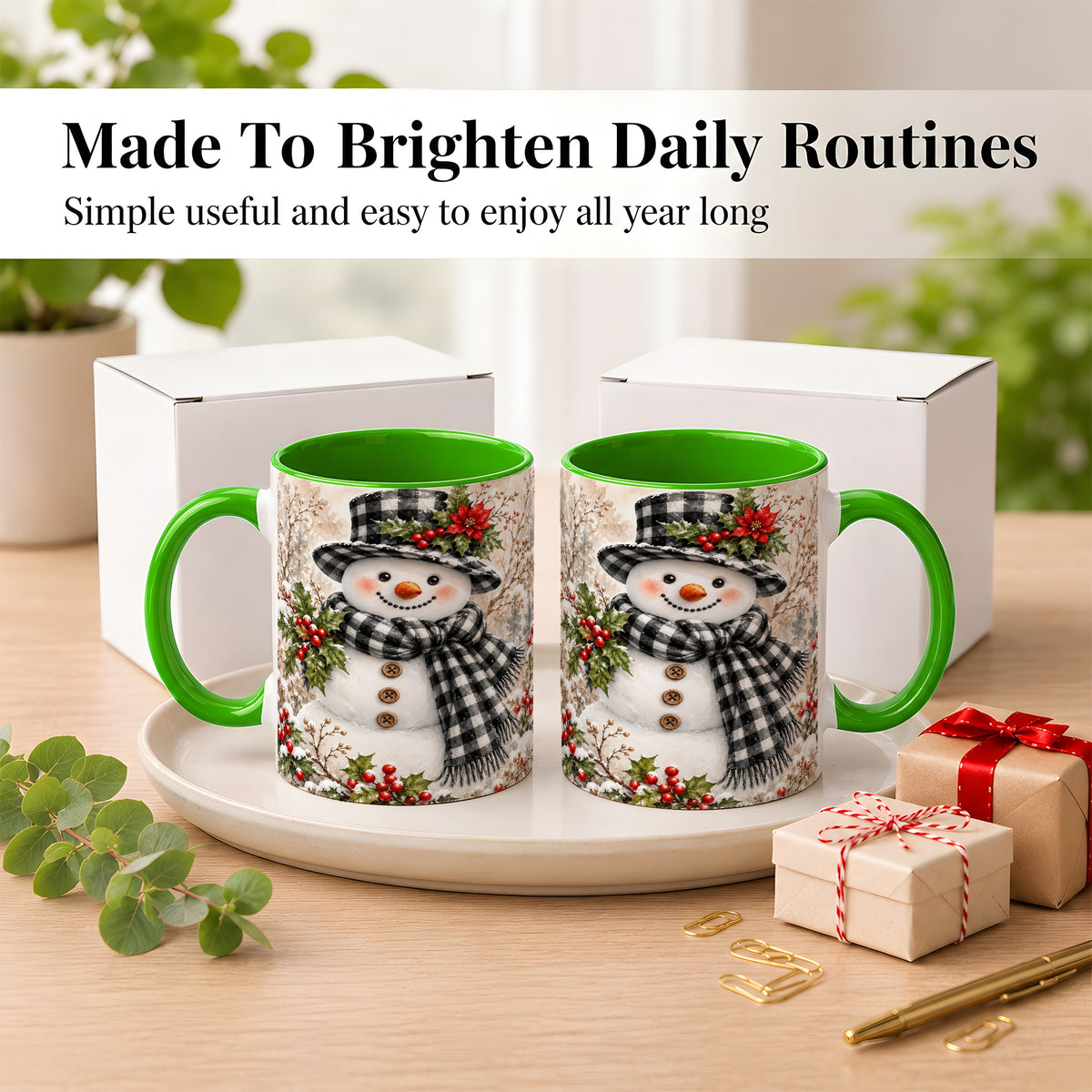 #pl[11oz|Green] Plaid Snowman Coffee Mug, Farmhouse Christmas Mug, Ceramic Cup