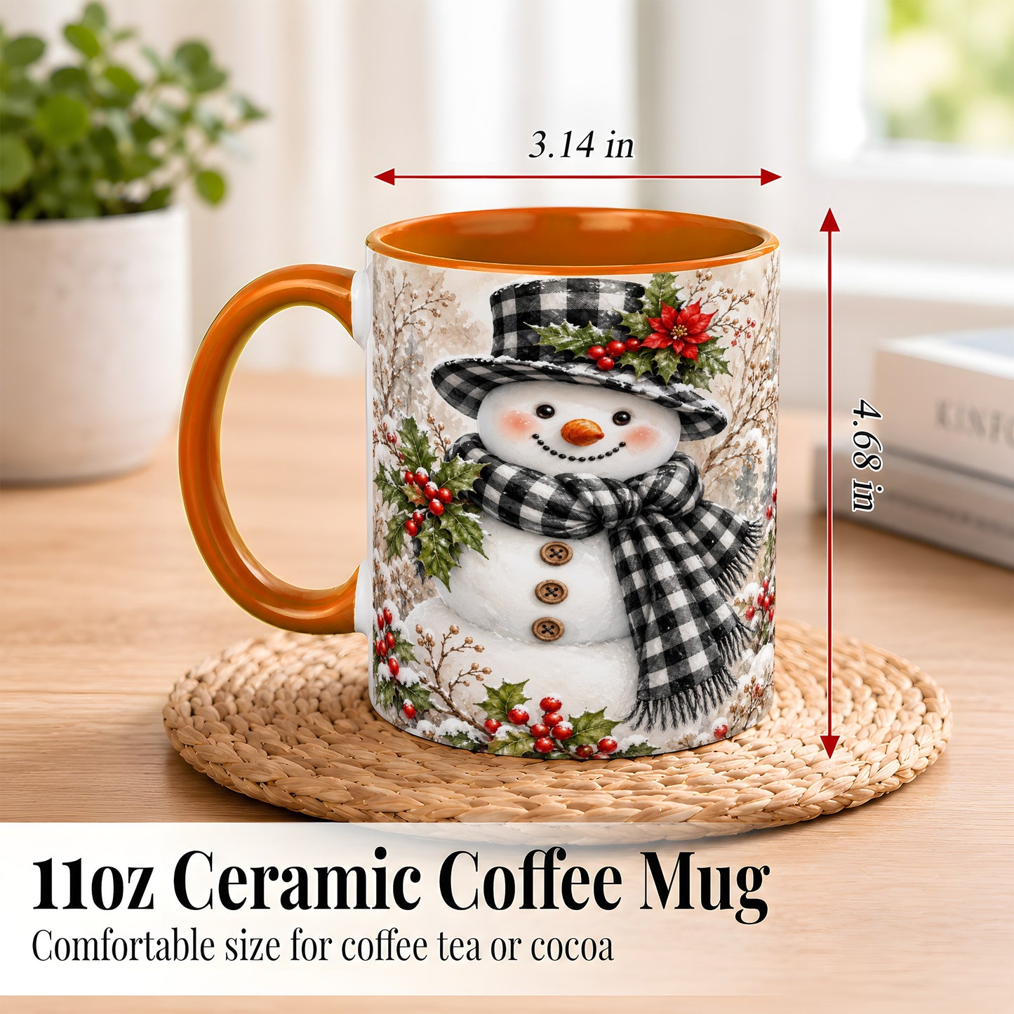 #pl[11oz|Orange] Plaid Snowman Coffee Mug, Farmhouse Christmas Mug, Ceramic Cup