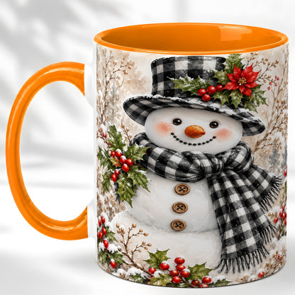 #pl[11oz|Orange] Plaid Snowman Coffee Mug, Farmhouse Christmas Mug, Ceramic Cup