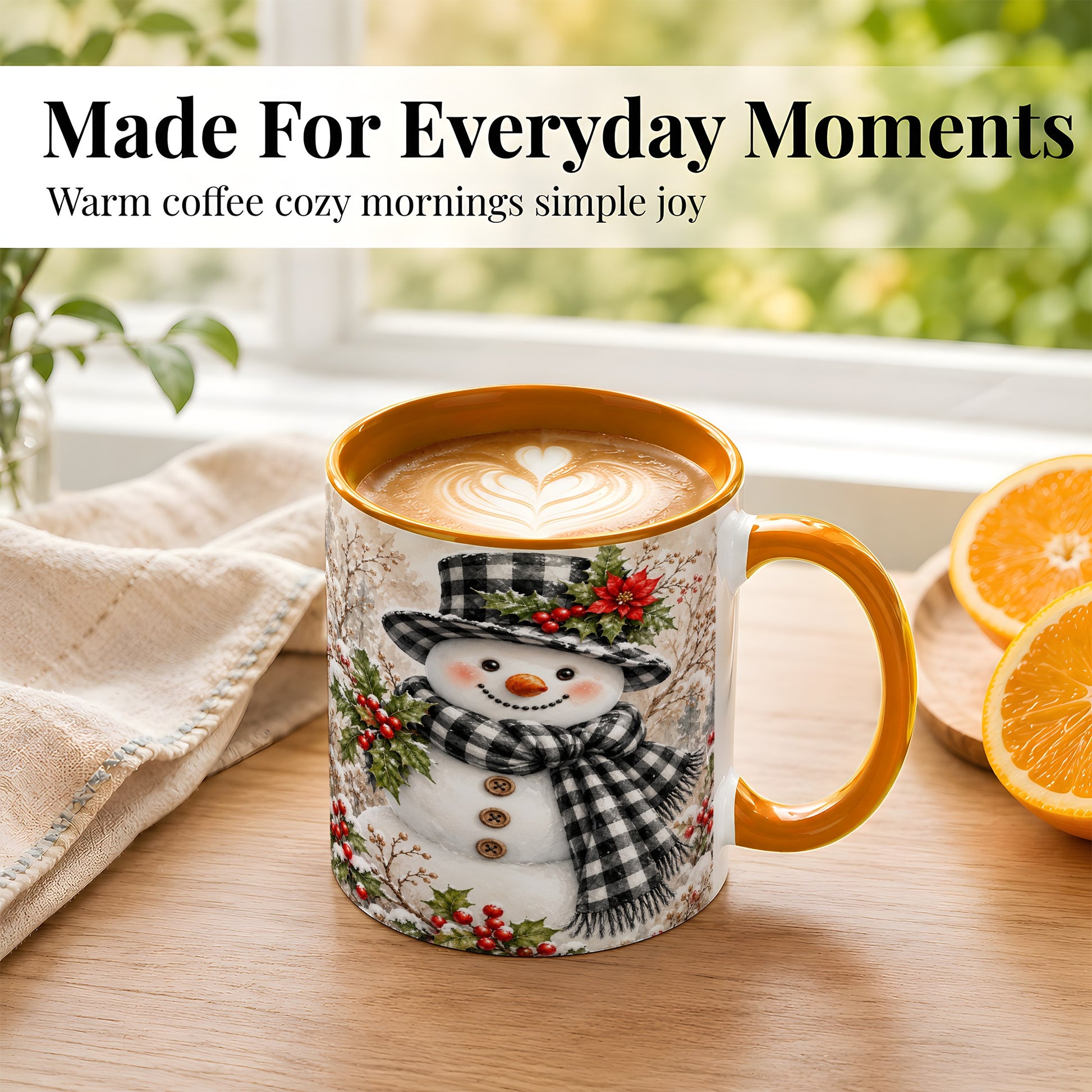 #pl[11oz|Orange] Plaid Snowman Coffee Mug, Farmhouse Christmas Mug, Ceramic Cup