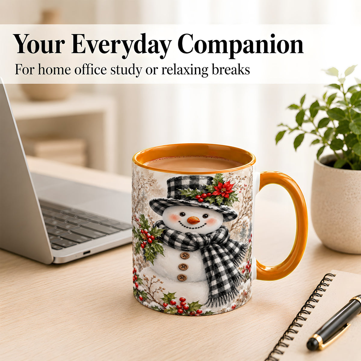 #pl[11oz|Orange] Plaid Snowman Coffee Mug, Farmhouse Christmas Mug, Ceramic Cup